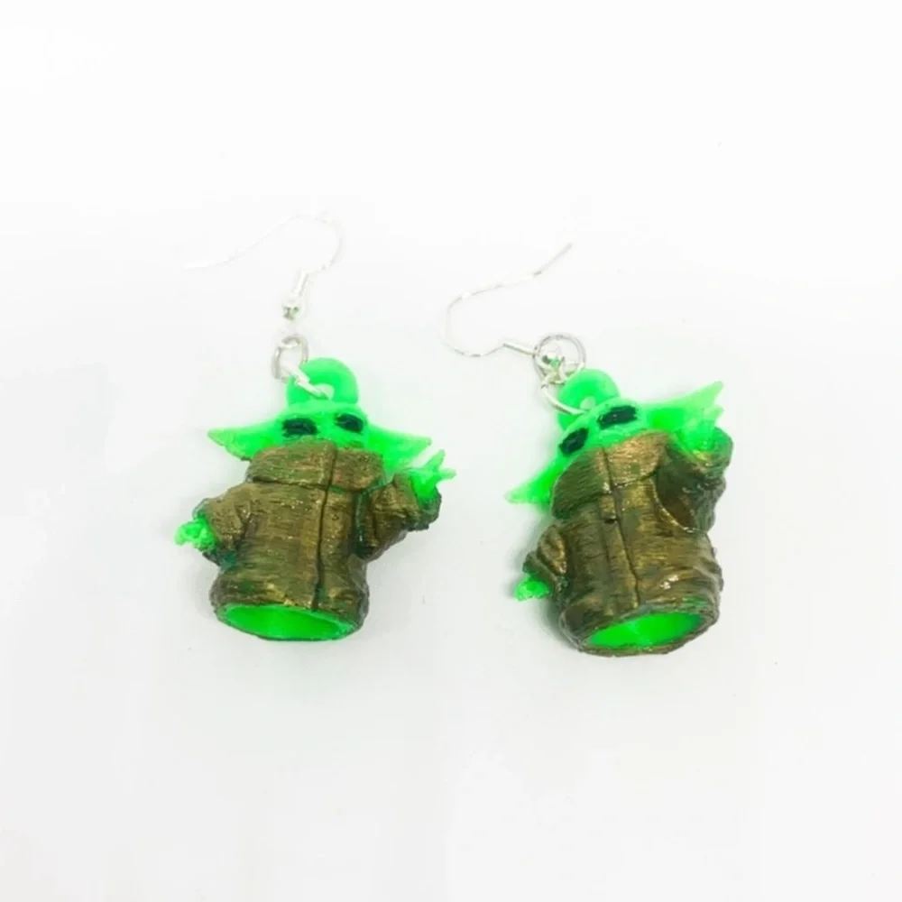 New S925 Sterling Silver Handmade Baby Yoda Earrings 3D Printed Hand Painted